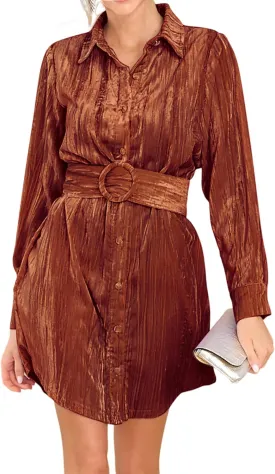 R.Vivimos Women's Shirt Dress Fall Velvet Button Down Long Sleeve Casual Mini Dress with Belt