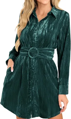 R.Vivimos Women's Shirt Dress Fall Velvet Button Down Long Sleeve Casual Mini Dress with Belt
