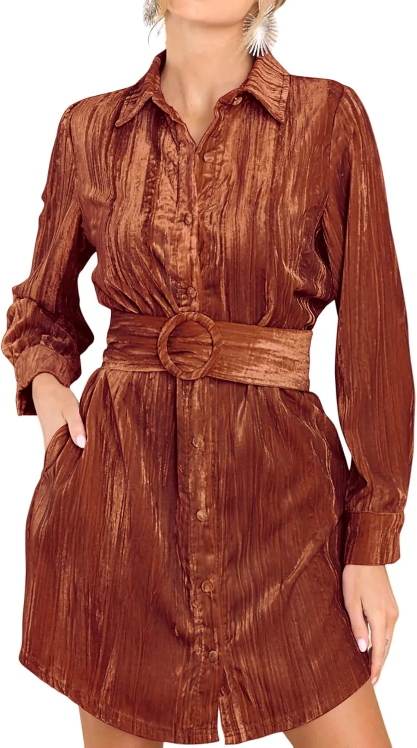R.Vivimos Women's Shirt Dress Fall Velvet Button Down Long Sleeve Casual Mini Dress with Belt