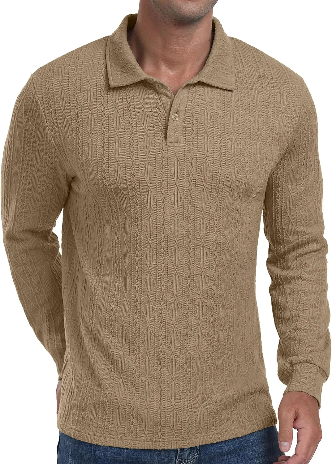 Sailwind Men's Casual Polo Shirts Twisted Button Long Sleeve Tees Collared Golf Shirt