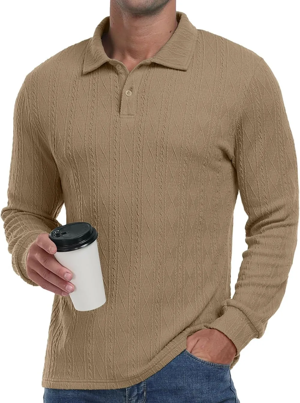 Sailwind Men's Casual Polo Shirts Twisted Button Long Sleeve Tees Collared Golf Shirt