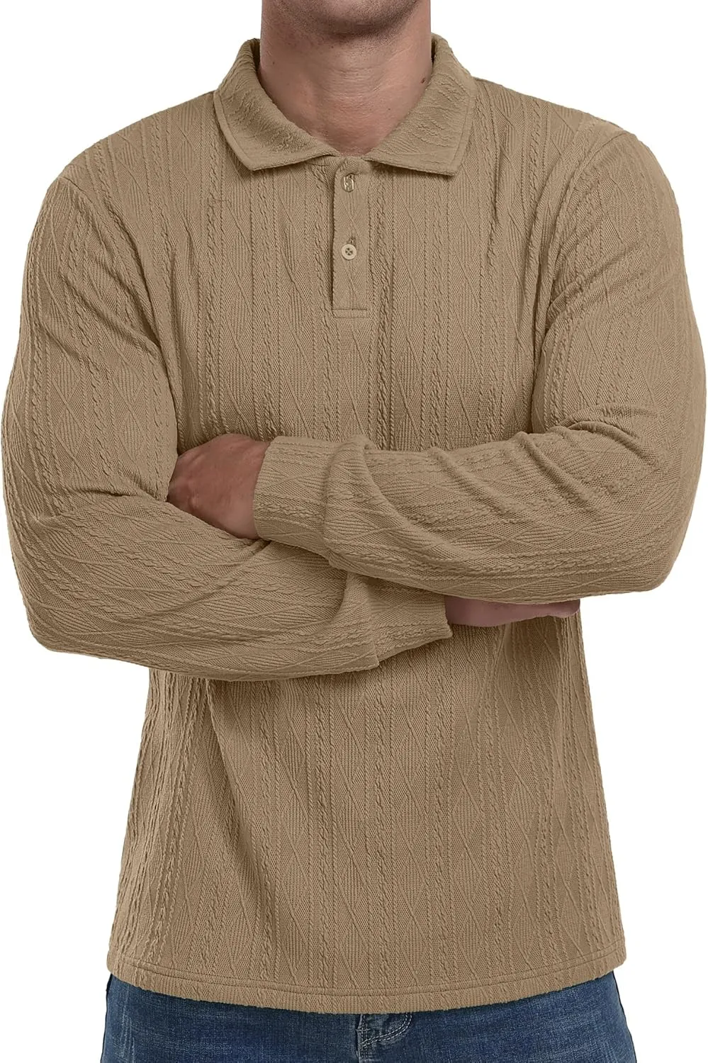 Sailwind Men's Casual Polo Shirts Twisted Button Long Sleeve Tees Collared Golf Shirt
