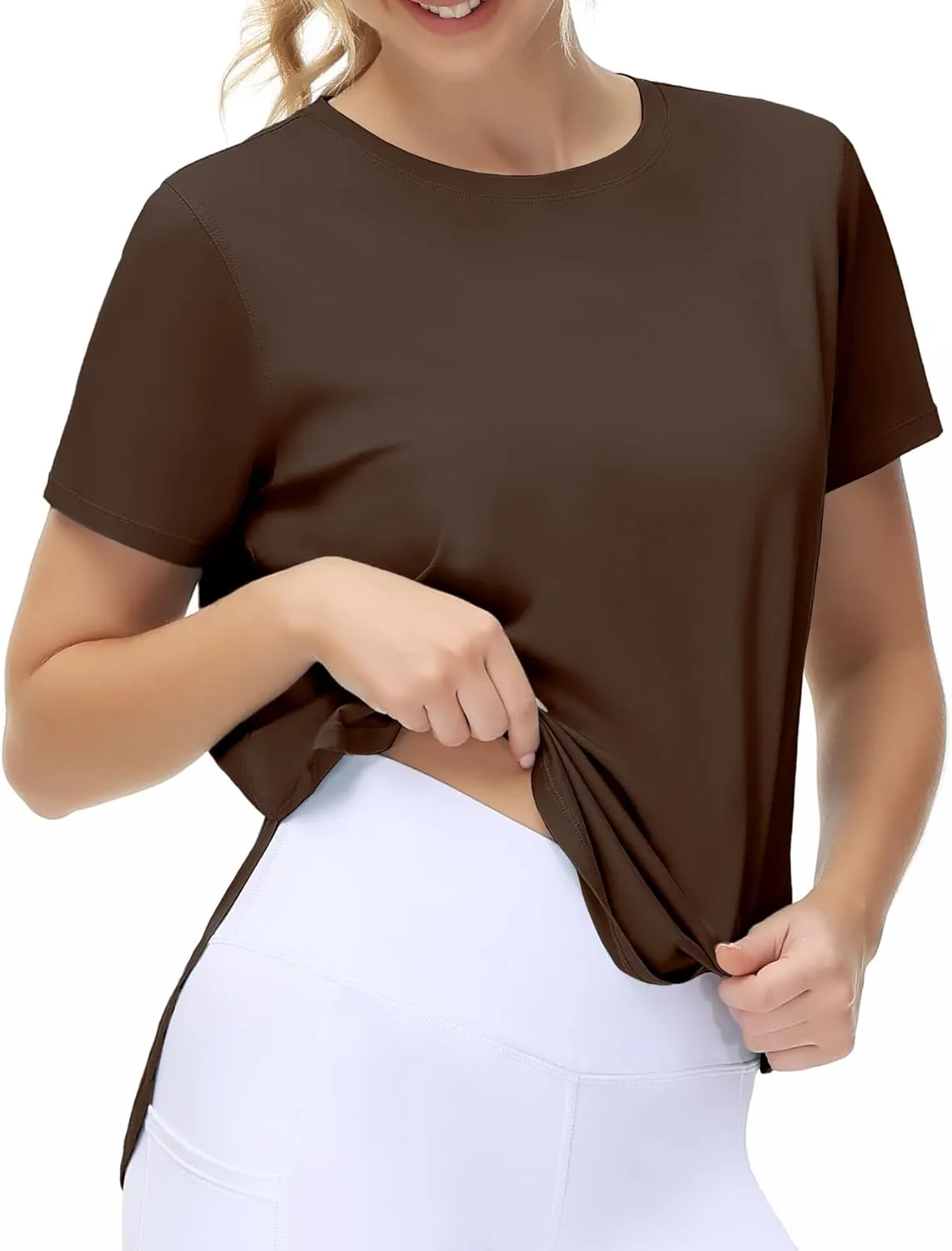 THE GYM PEOPLE Women's Workout T-Shirts Loose Fit Short Sleeve Cotton Running Basic Tee Tops with Split Hem