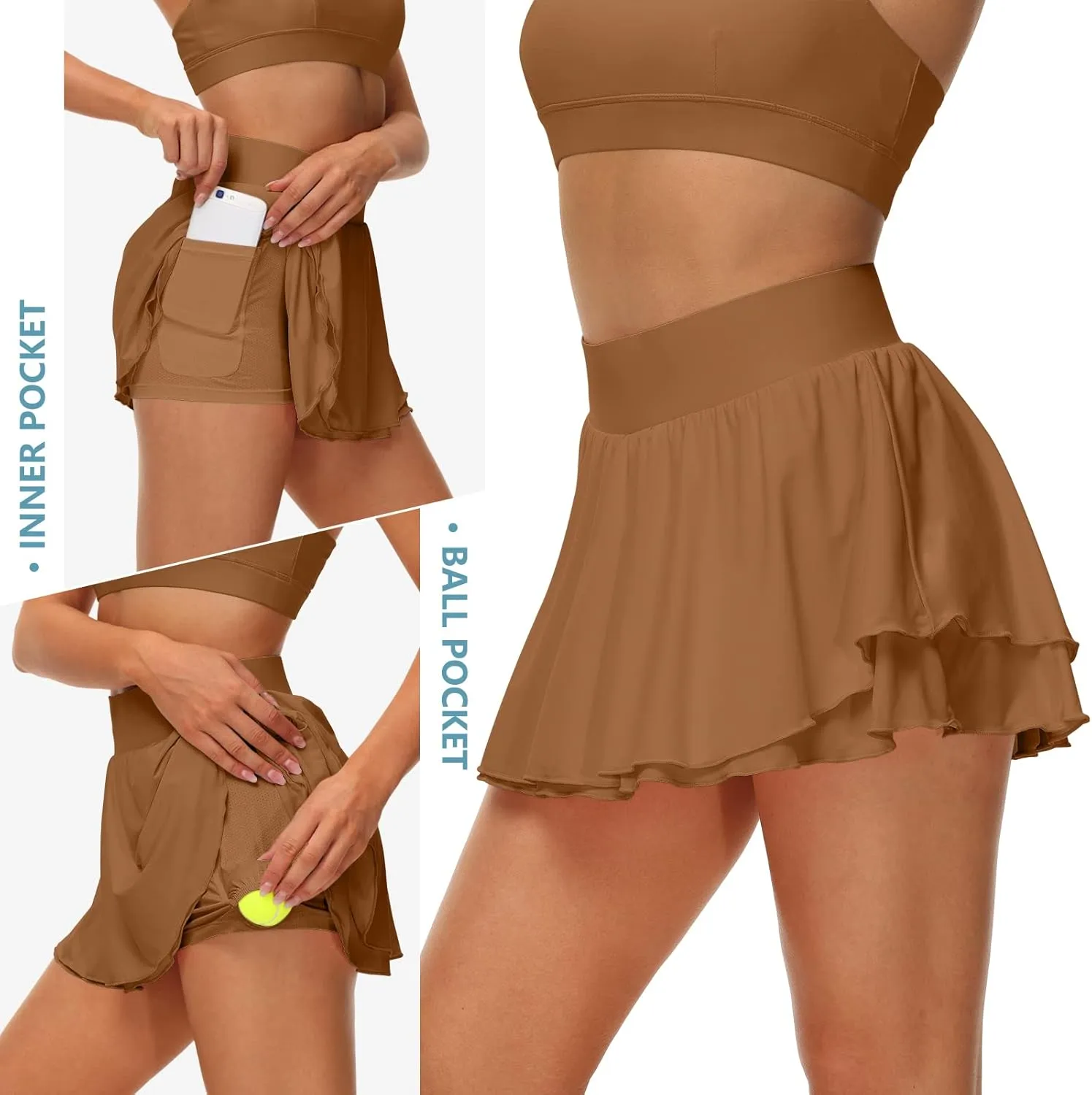 UrKeuf Women's Athletic Tennis Skirts with Pockets 13in Ruffle Golf Running Workout Ice Silk Flowy Skorts with Sports Shorts