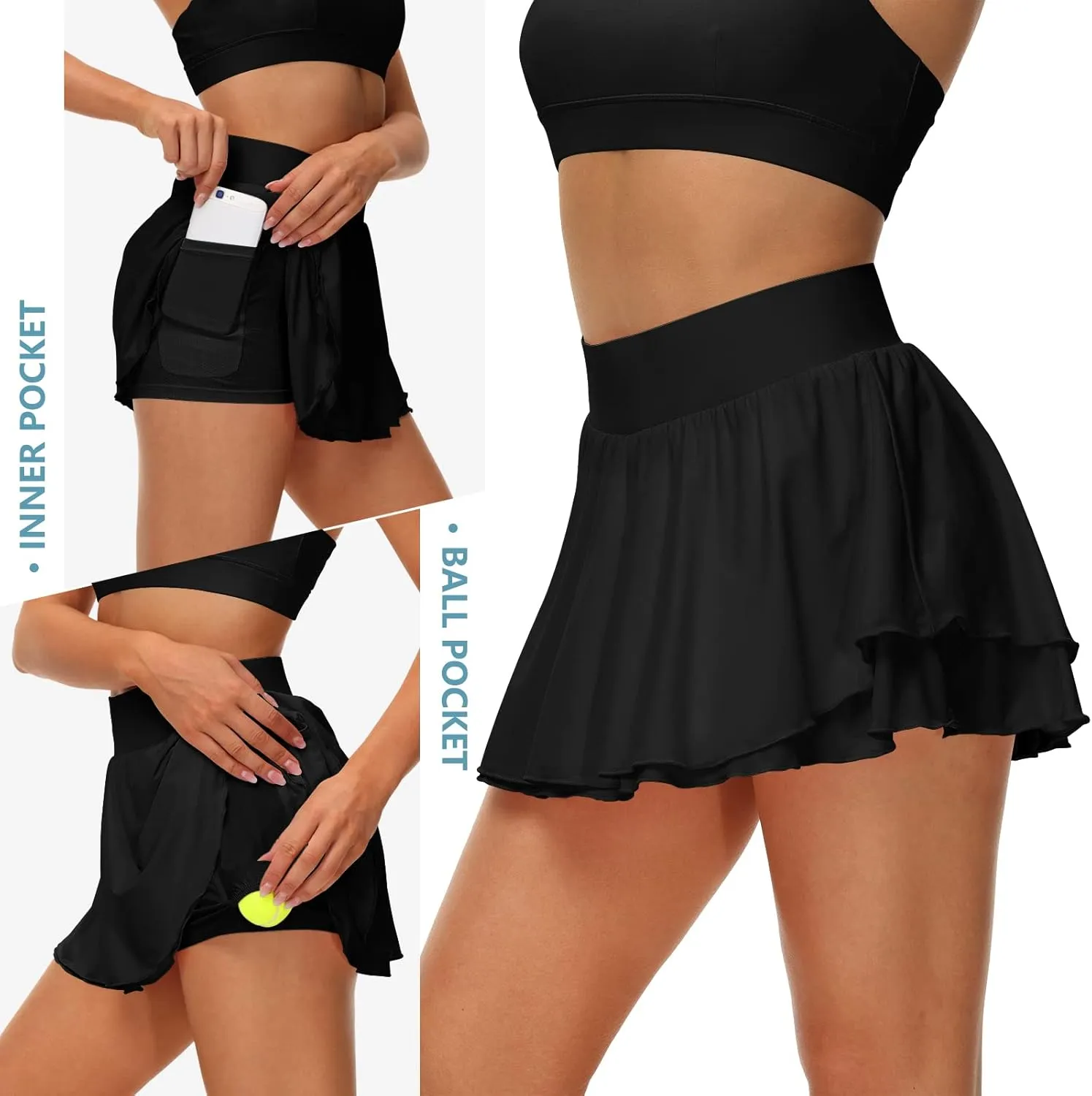 UrKeuf Women's Athletic Tennis Skirts with Pockets 13in Ruffle Golf Running Workout Ice Silk Flowy Skorts with Sports Shorts