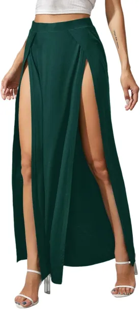 Verdusa Women's Elastic Waist High Split Wrap Flowy Long Maxi Skirt
