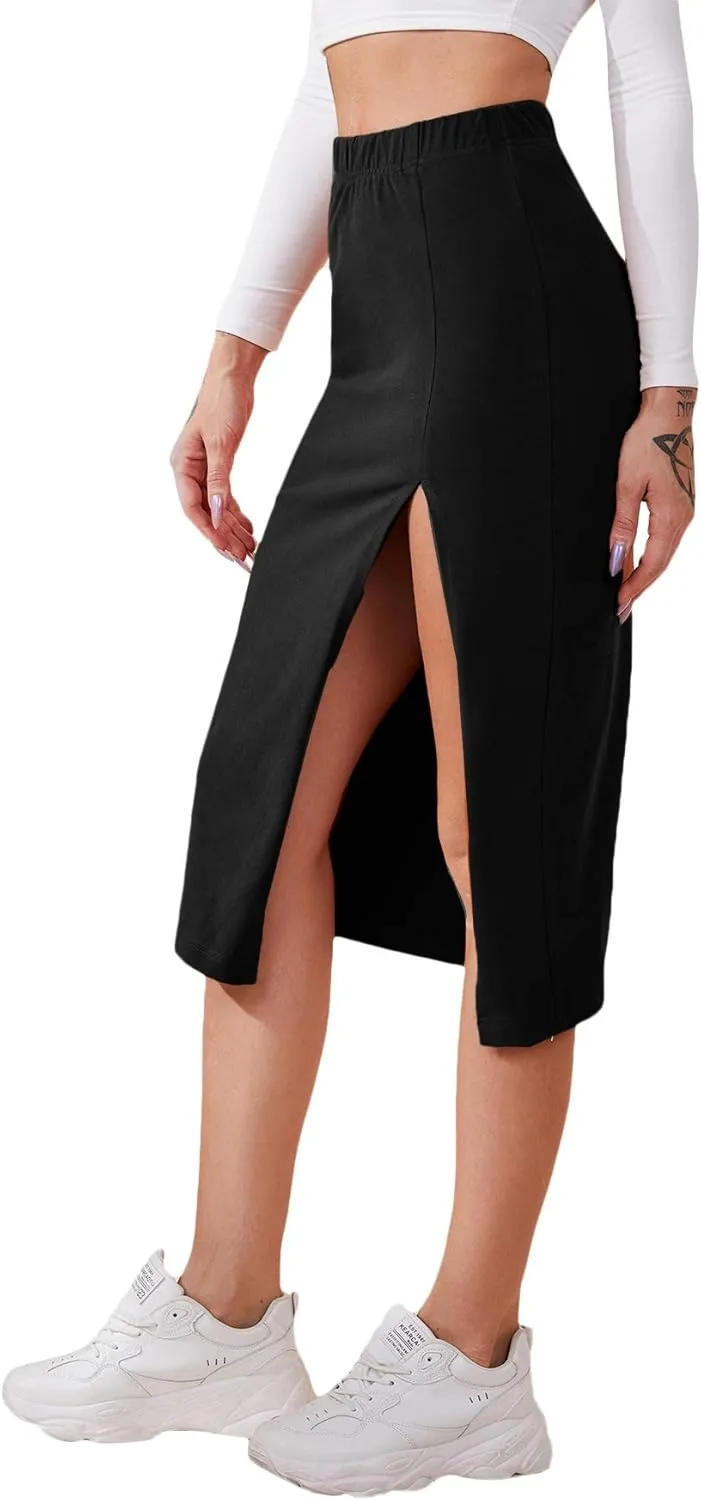 Verdusa Women's Elastic Waist Split Thigh Pencil Bodycon Midi Skirt
