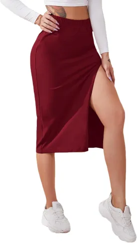 Verdusa Women's Elastic Waist Split Thigh Pencil Bodycon Midi Skirt