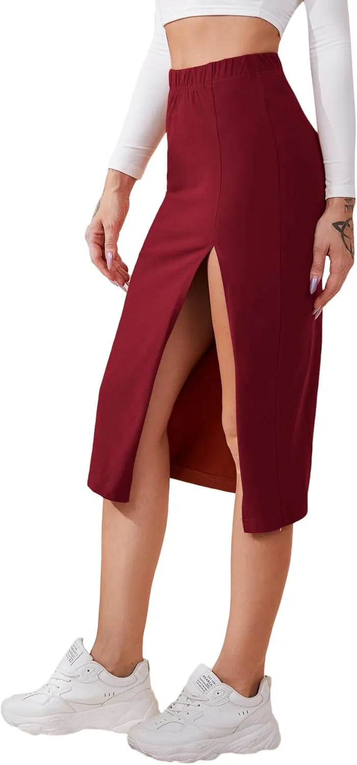Verdusa Women's Elastic Waist Split Thigh Pencil Bodycon Midi Skirt