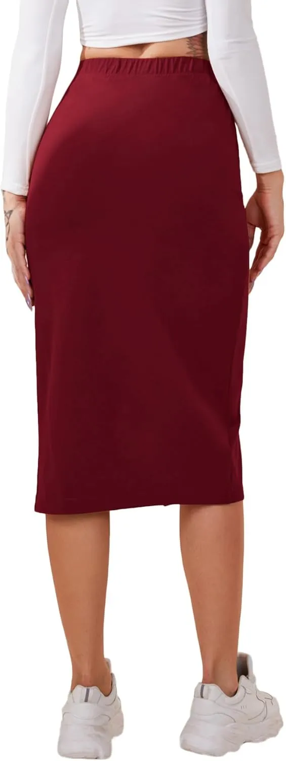 Verdusa Women's Elastic Waist Split Thigh Pencil Bodycon Midi Skirt