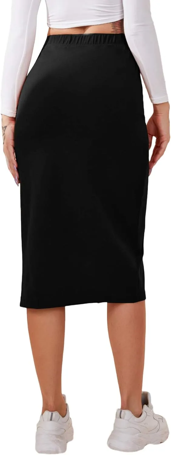 Verdusa Women's Elastic Waist Split Thigh Pencil Bodycon Midi Skirt
