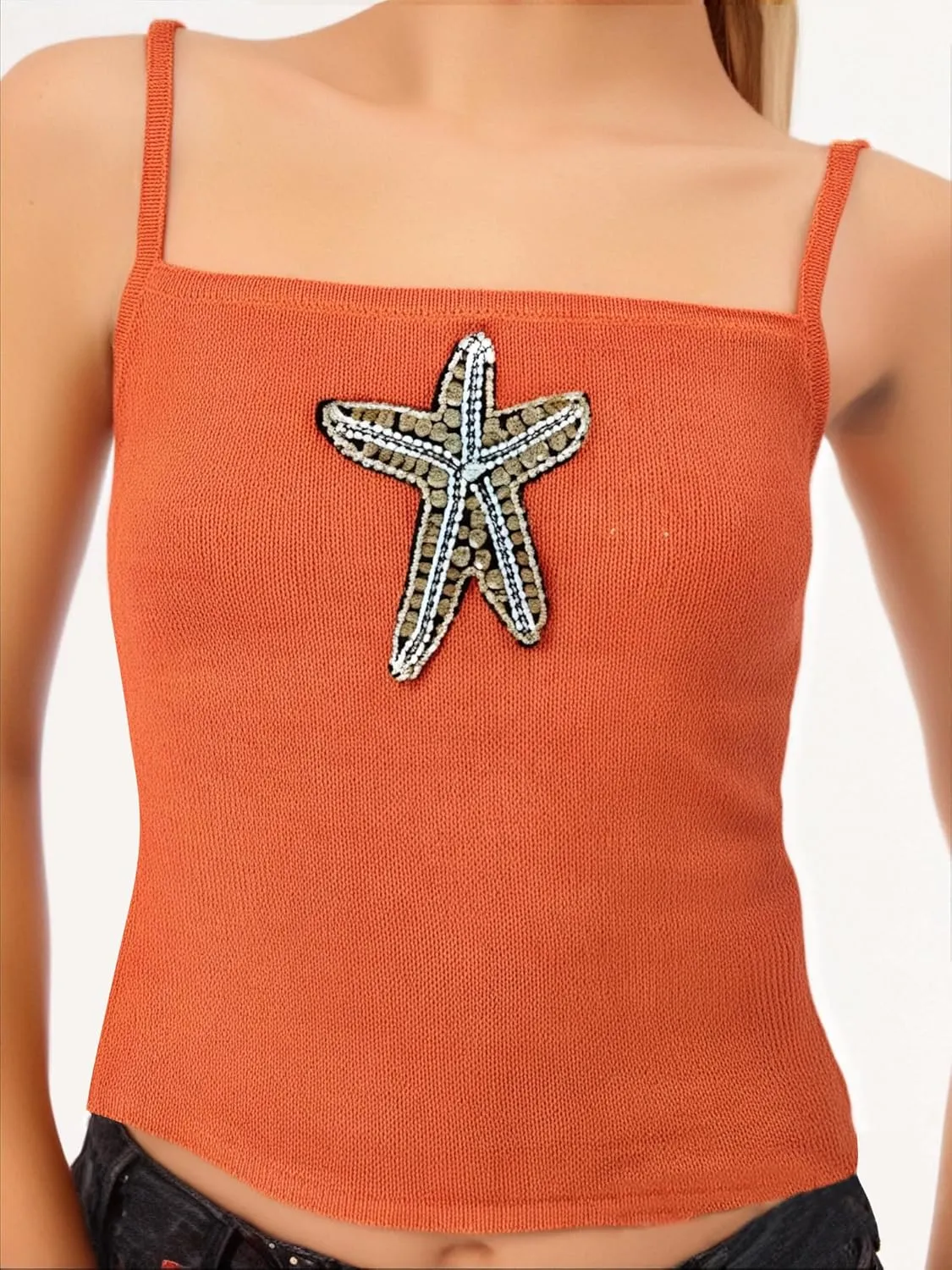 Women Y2K Sequin Starfish Tank Top Sleeveless Glitter Knit Crop Cami Top Sparkly Star Print Going Out Vest Streewear