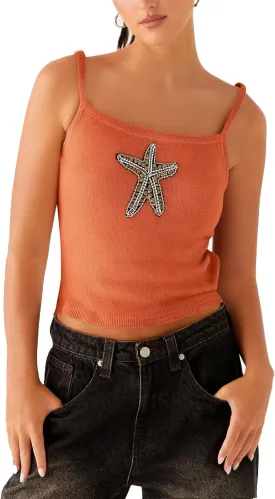 Women Y2K Sequin Starfish Tank Top Sleeveless Glitter Knit Crop Cami Top Sparkly Star Print Going Out Vest Streewear