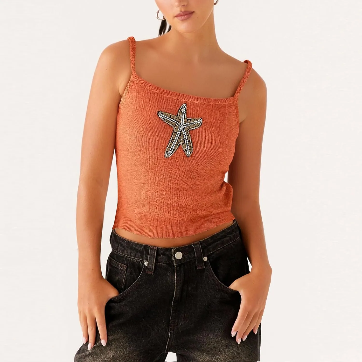 Women Y2K Sequin Starfish Tank Top Sleeveless Glitter Knit Crop Cami Top Sparkly Star Print Going Out Vest Streewear