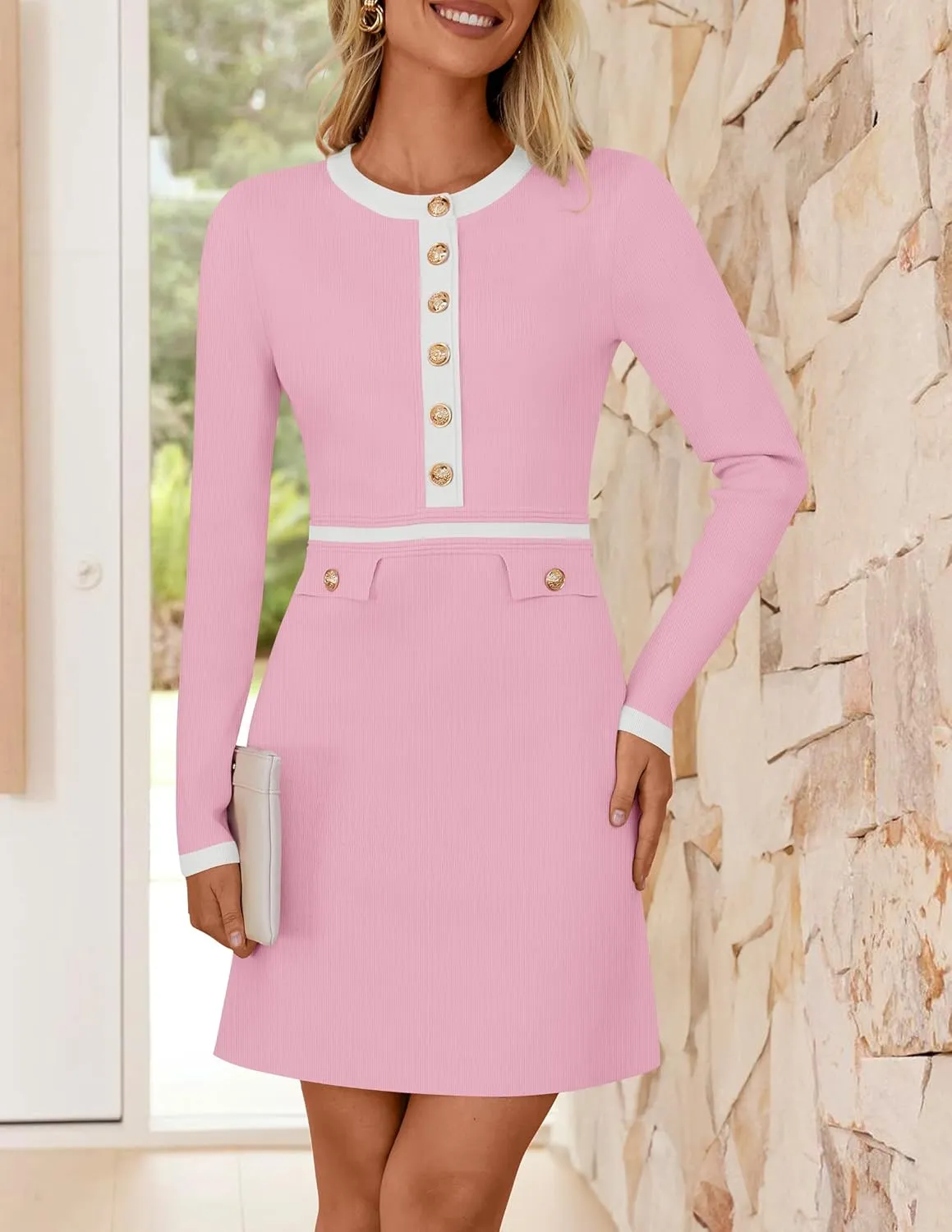 ZESICA Women's Fall Long Sleeve Bodycon Sweater Dress Crewneck Button Knit Color Block Party Mini Dresses
