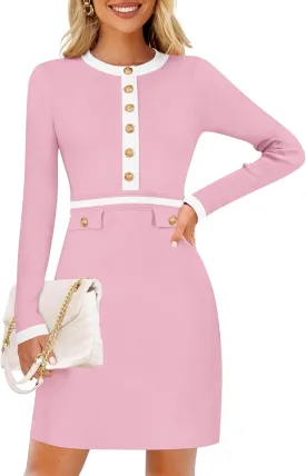ZESICA Women's Fall Long Sleeve Bodycon Sweater Dress Crewneck Button Knit Color Block Party Mini Dresses