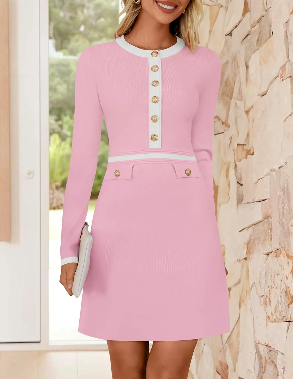 ZESICA Women's Fall Long Sleeve Bodycon Sweater Dress Crewneck Button Knit Color Block Party Mini Dresses