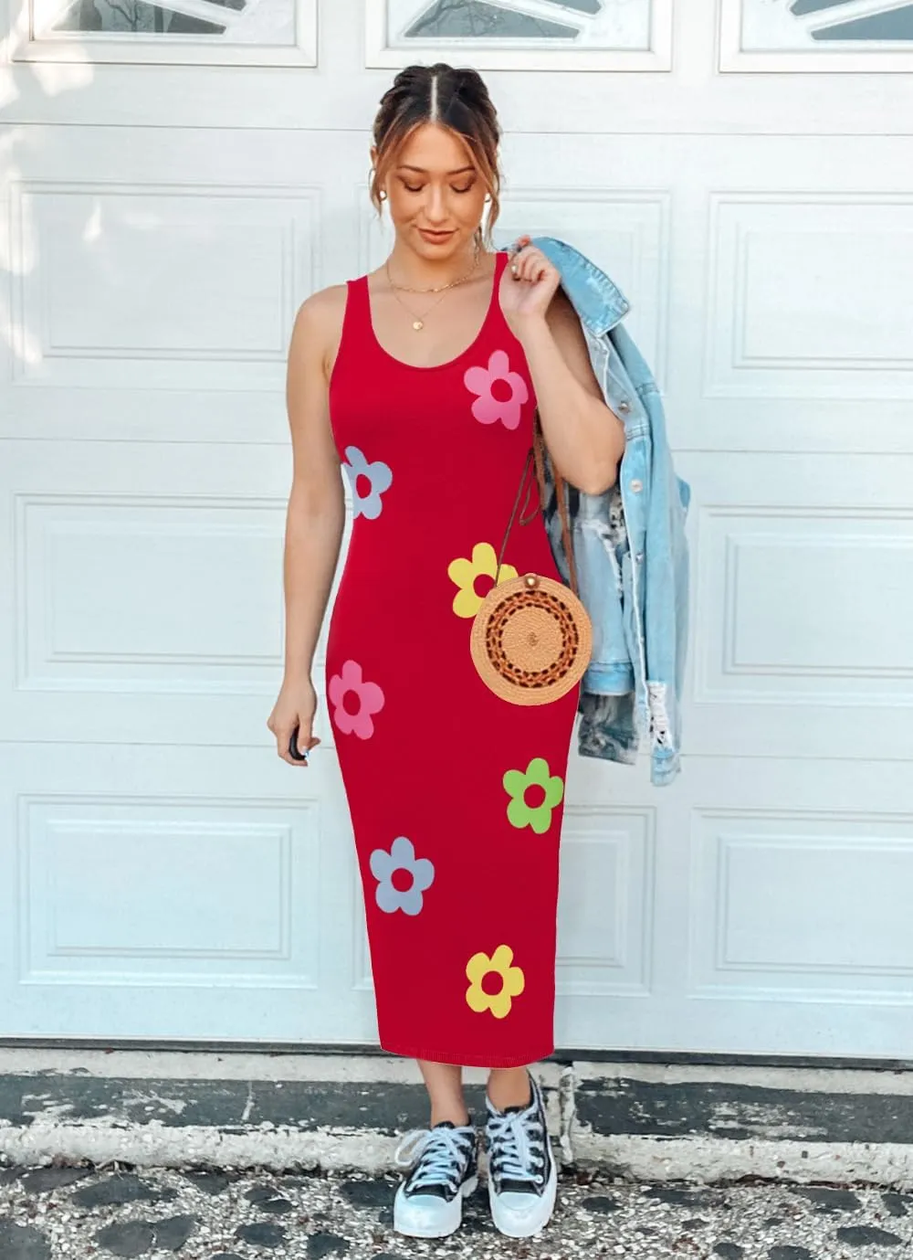 ZESICA Women's Summer Knit Bodycon Midi Dress 2025 Sleeveless Floral Crewneck Color Block Long Beach Party Dresses
