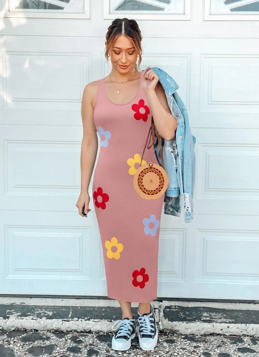 ZESICA Women's Summer Knit Bodycon Midi Dress 2025 Sleeveless Floral Crewneck Color Block Long Beach Party Dresses
