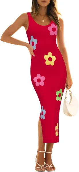 ZESICA Women's Summer Knit Bodycon Midi Dress 2025 Sleeveless Floral Crewneck Color Block Long Beach Party Dresses