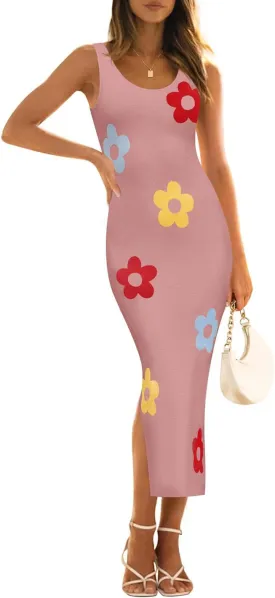 ZESICA Women's Summer Knit Bodycon Midi Dress 2025 Sleeveless Floral Crewneck Color Block Long Beach Party Dresses